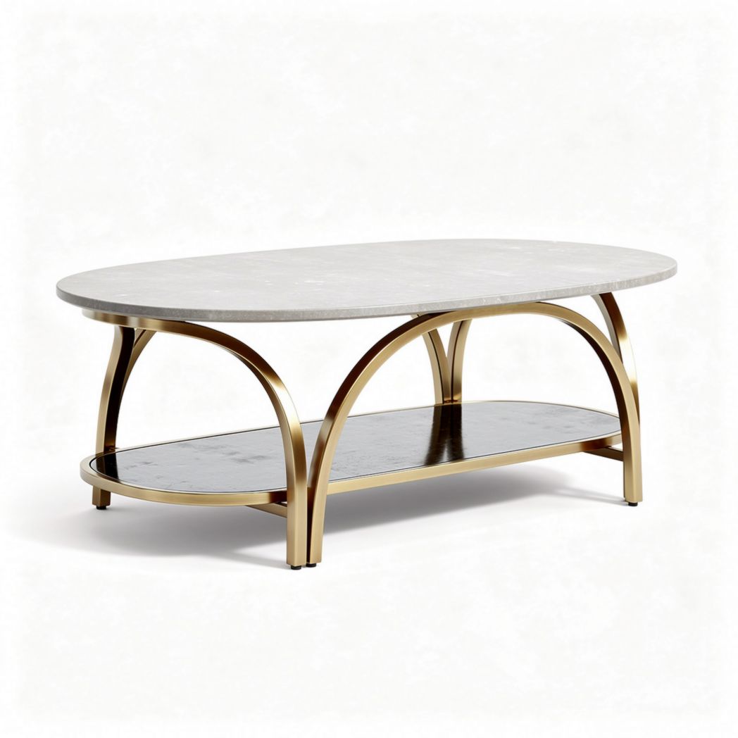 Oval coffee table with marble top and gold metal frame 100 x 60 x 45cm
