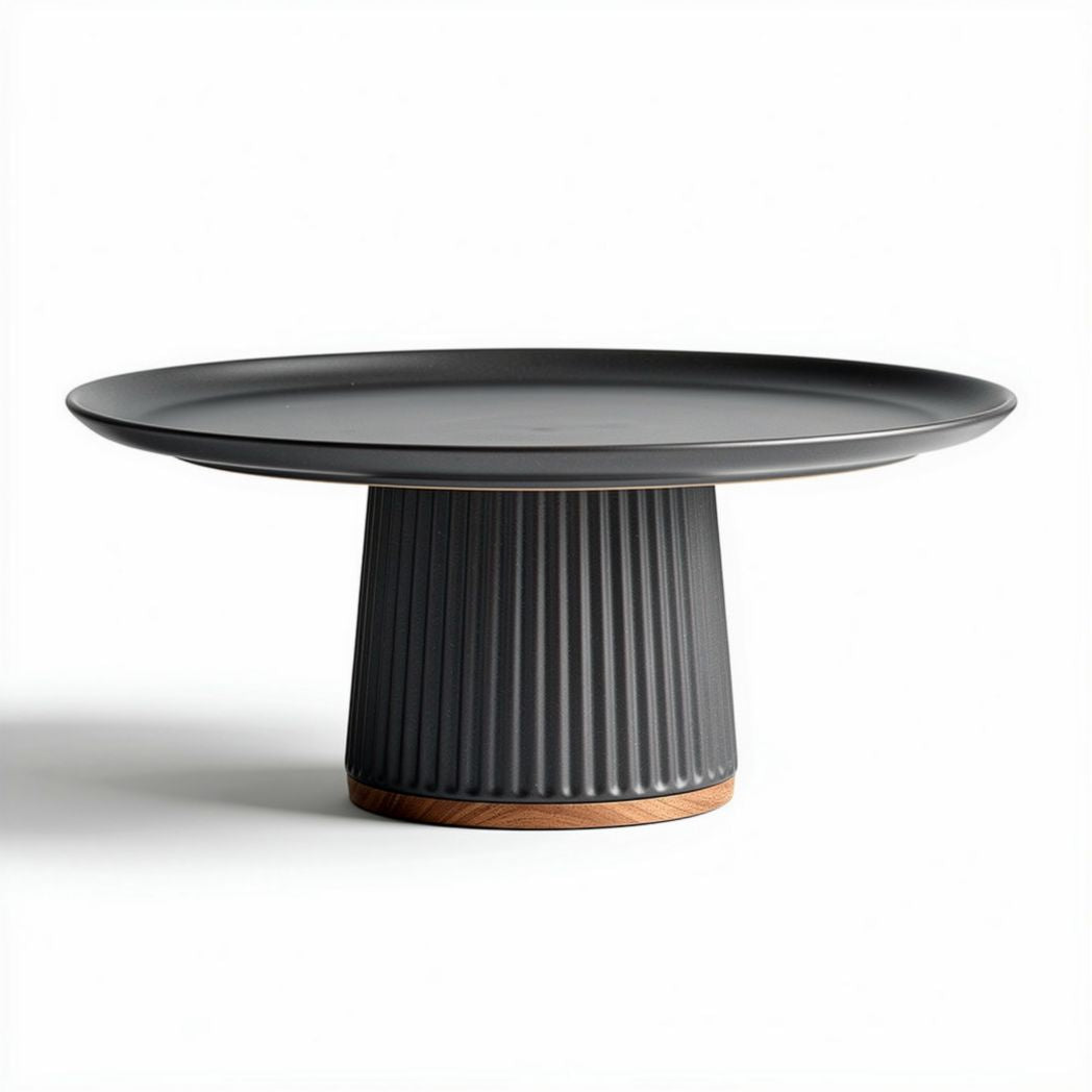 Ceramic serving platter with ribbed base in black and wood accents 30 x 30 x 10cm