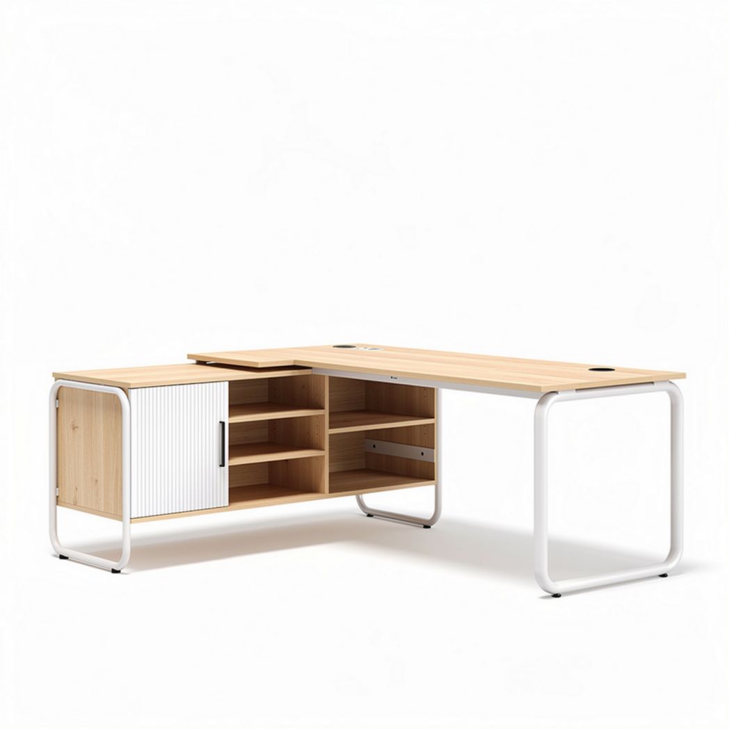 Wooden corner desk with storage and metal frame 150 x 70 x 75cm