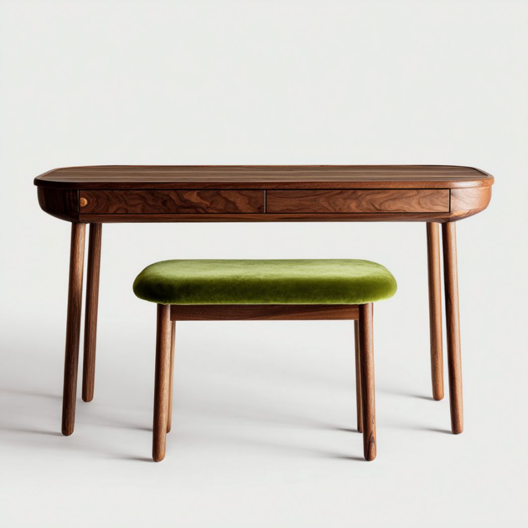 Wooden desk with two drawers and matching upholstered stool 85 x 45 x 75cm