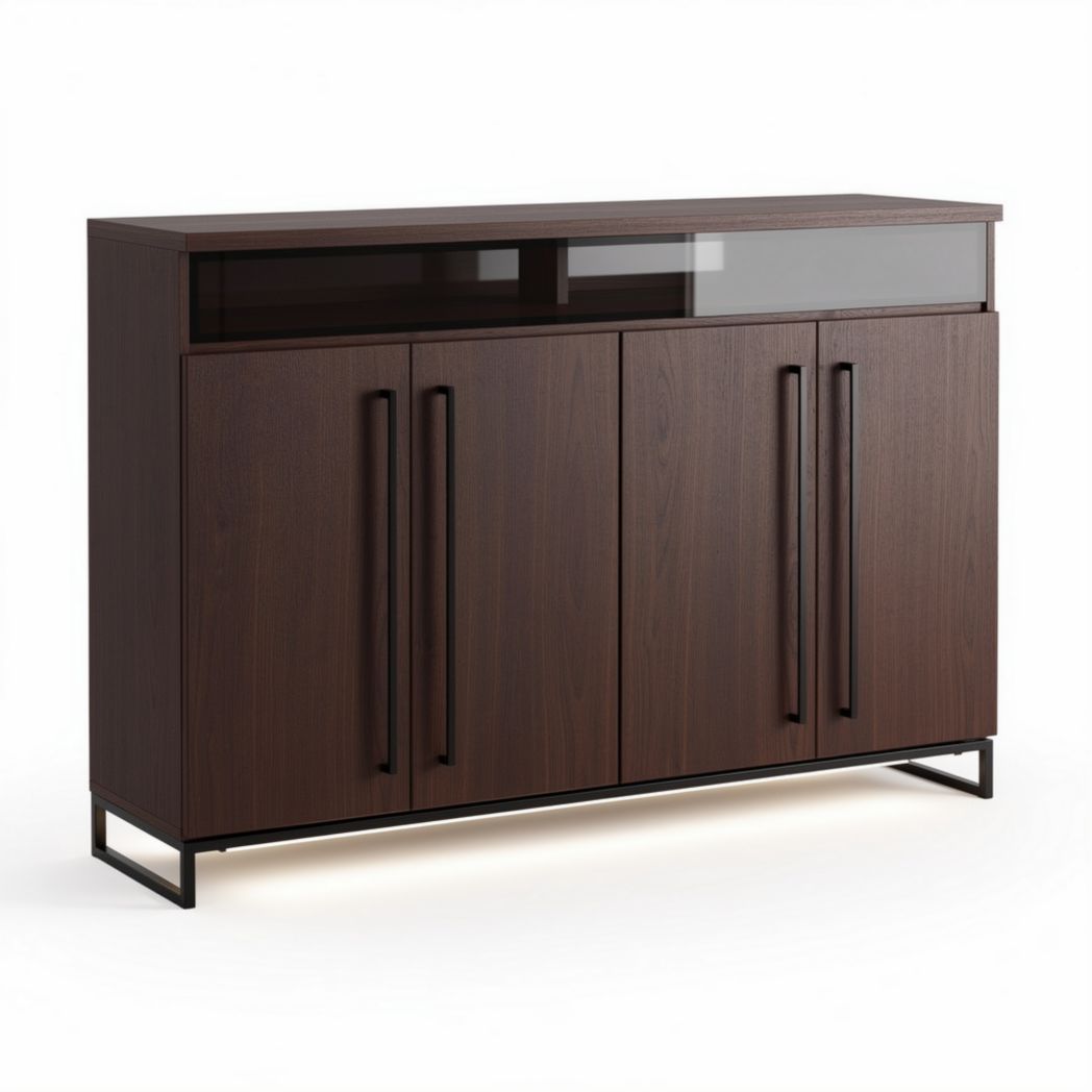 Wooden sideboard with glass top and metal legs 152 x 40 x 80cm in walnut finish