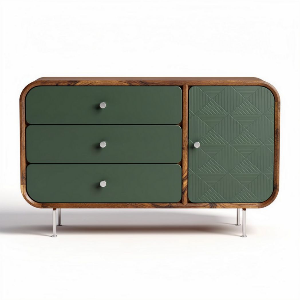 Wooden storage cabinet with three drawers and two-tone green doors 120 x 45 x 75cm