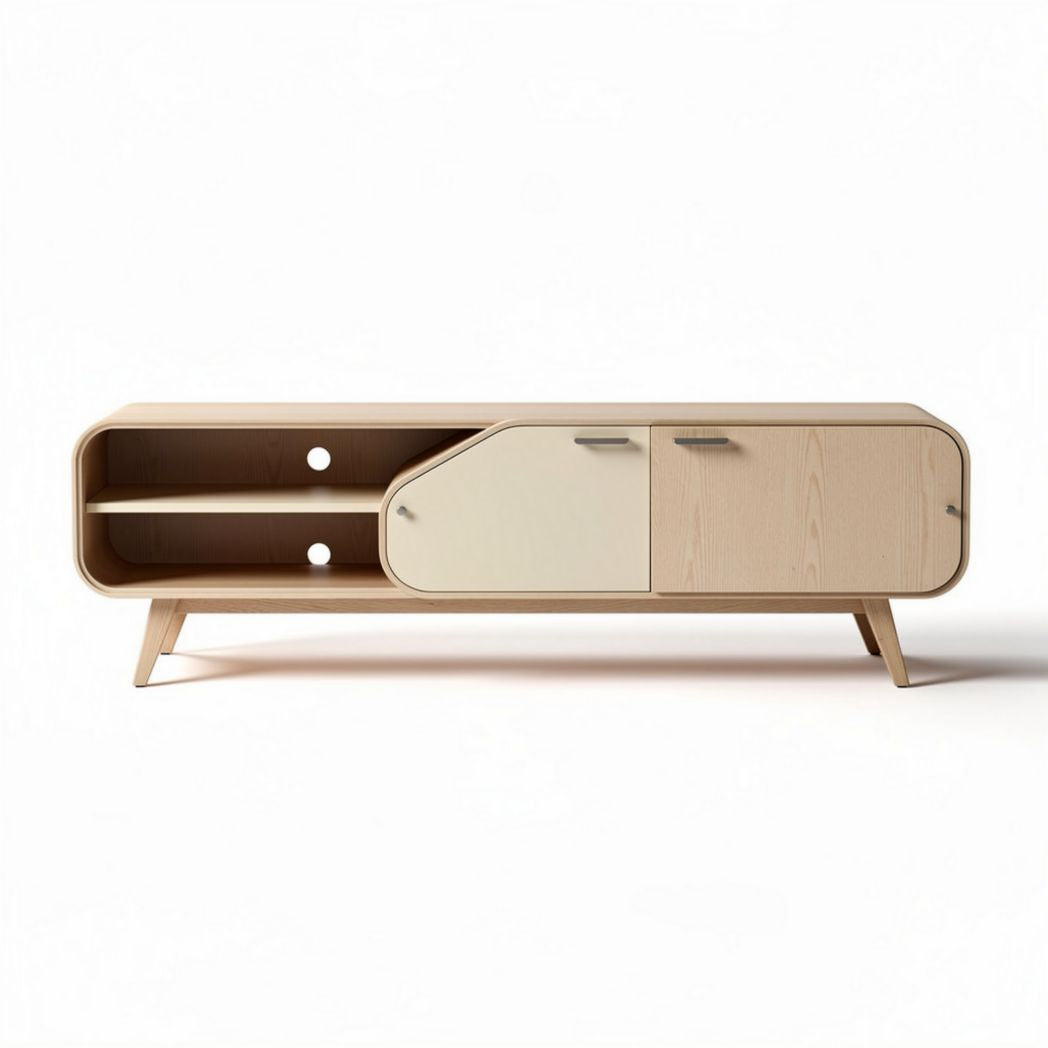 Minimalist wooden sideboard with open shelves and doors in natural finish 120 x 40 x 50cm