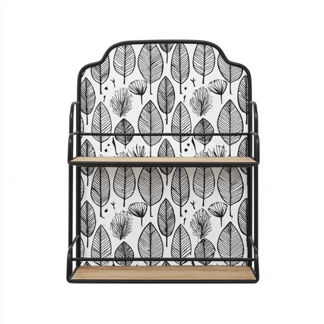 Wall-mounted metal and wood shelf with geometric backrest design 60 x 30 x 80cm