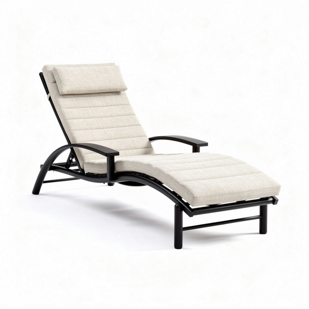 Outdoor adjustable lounge chair with beige fabric and metal frame