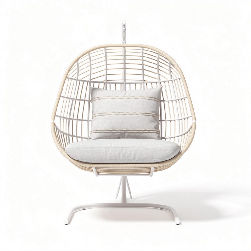 Hanging rattan chair with cushion and metal frame for indoor or outdoor use