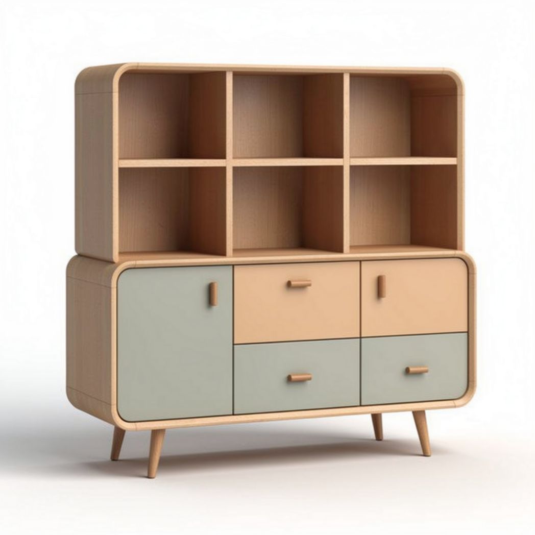 Modern storage cabinet with multi-colored drawers and wood legs 80 x 40 x 120cm