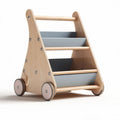 Wooden rolling toy storage cart with three gray fabric bins 60 x 40 x 80cm