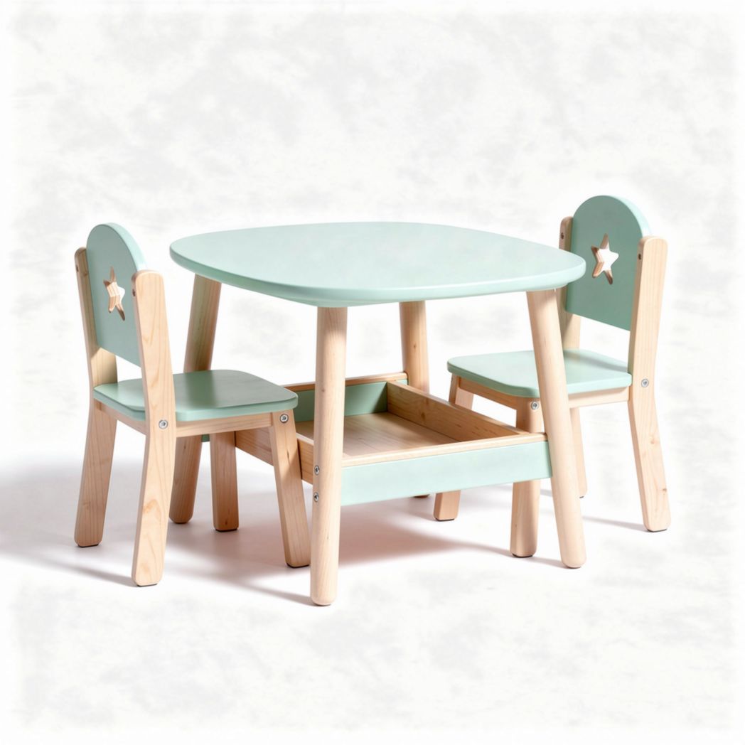 Kids table and chair set with storage drawer in mint green wood 60 x 60 x 50cm