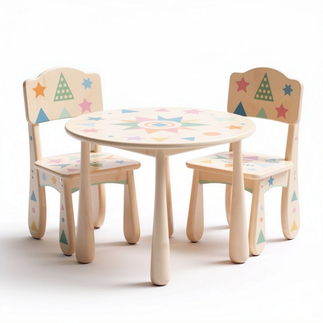 Wooden kids table set with colorful geometric patterns chairs 60 x 60 x 50cm