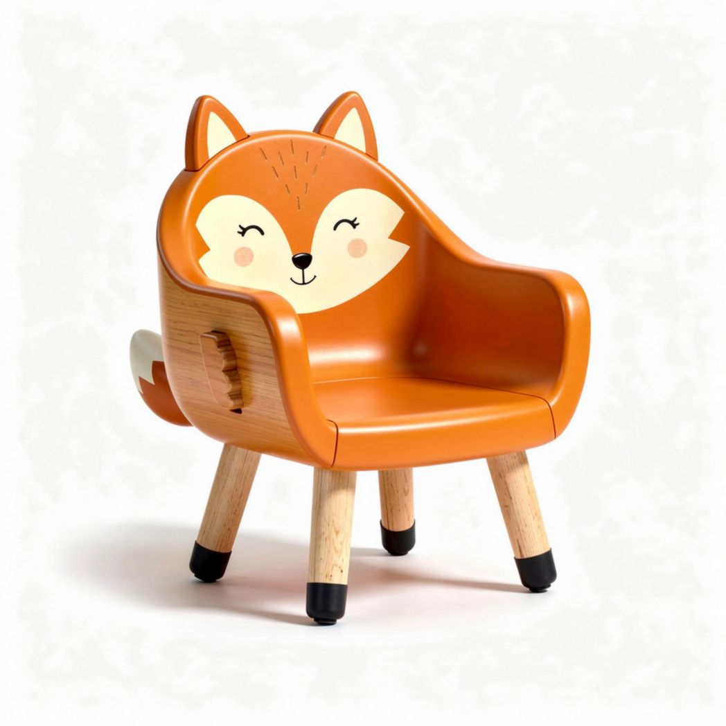 Children's fox-shaped chair in orange with wooden legs 30 x 30 x 40cm